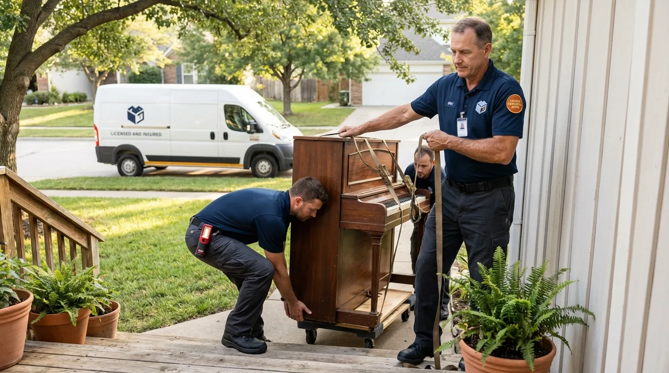 Licensed piano movers securing grand piano in Russellville, KY