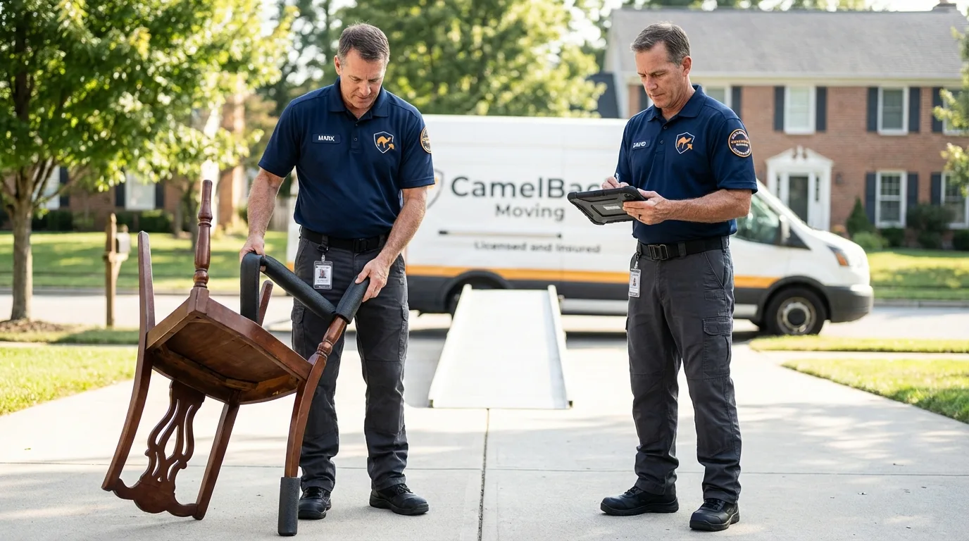 Movers inspecting furniture for damage prevention before loading in Russellville, KY
