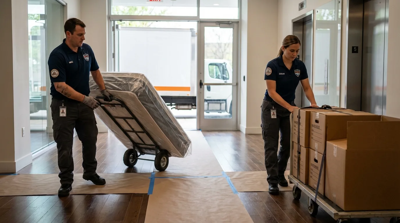 Professional apartment movers loading elevator in Russellville, KY