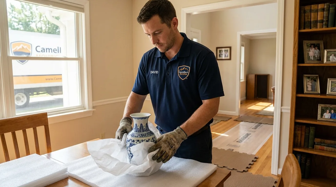 Professional crew carefully wrapping antique vase for senior downsizing move in Russellville, KY