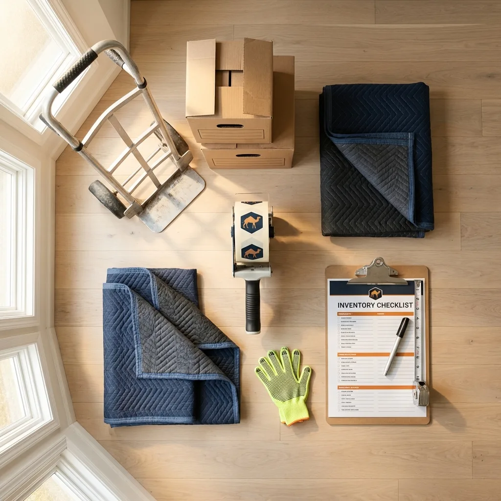 Professional moving supplies and packing materials layout for Russellville residential relocations
